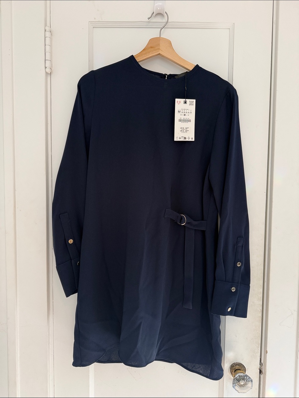 Zara Navy Long Sleeve Belted Tunic Dress